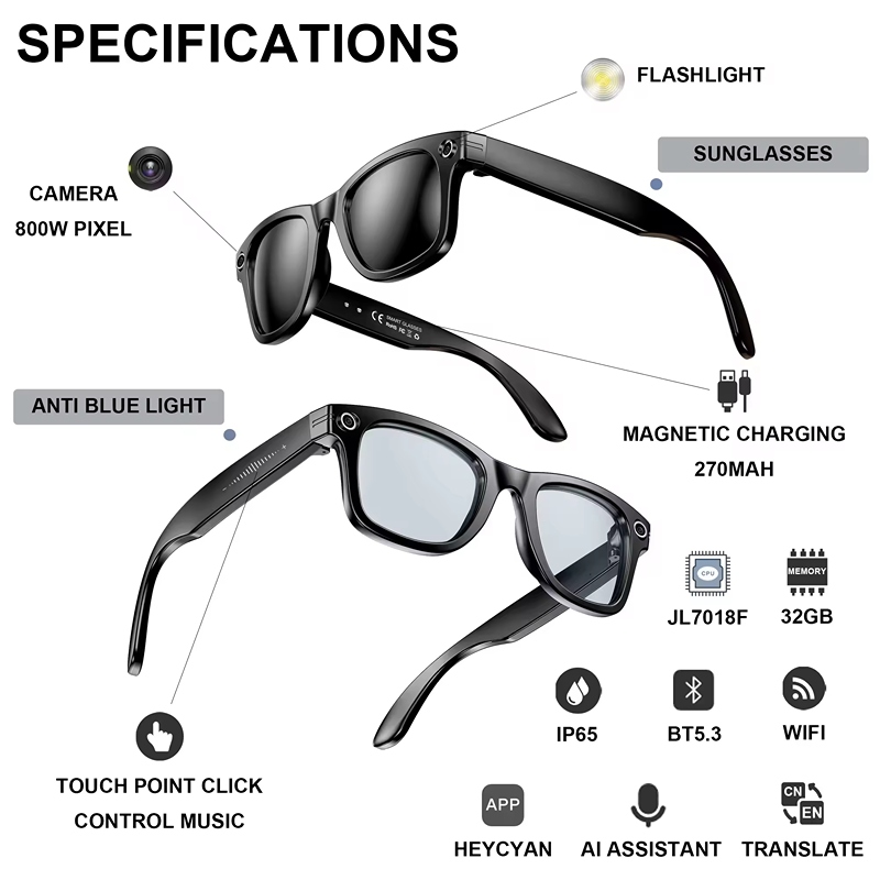 AI Translation Smart Glasses, 8MP Camera, WiFi File Transfer, Bluetooth Call, Slide Touch Control Smart Eyewear W610 - Sma...